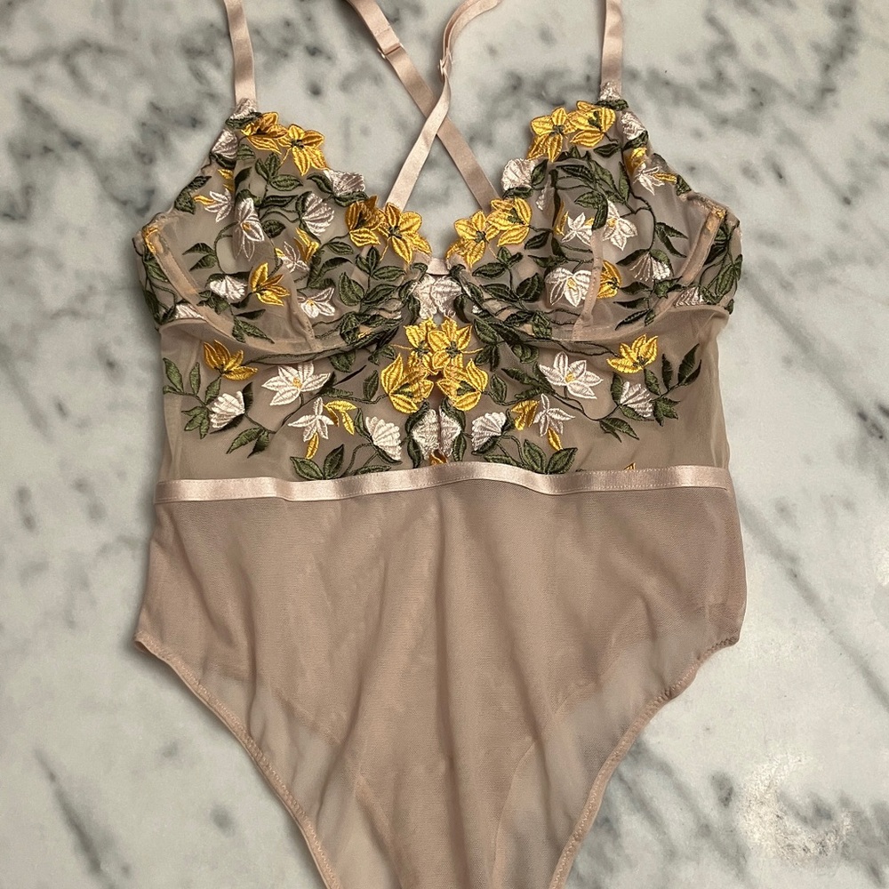 Yellow Floral Embroidered mesh sheer teddy bodysuit lingerie